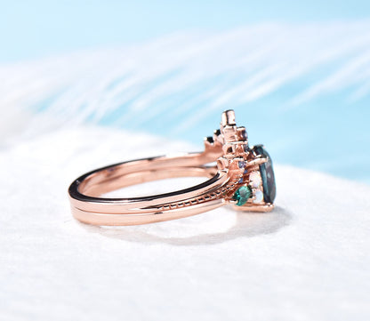 Round cut Alexandrite engagement ring set rose gold art deco emerald ring set June birthstone ring Milgrain wedding band promise ring set
