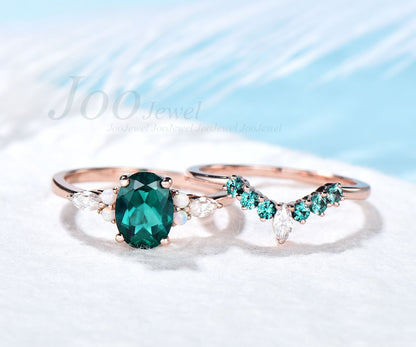 Unique promise ring set Vintage emerald engagement ring set rose gold ring set for women  opal ring gold oval cut bridal ring set jewelry
