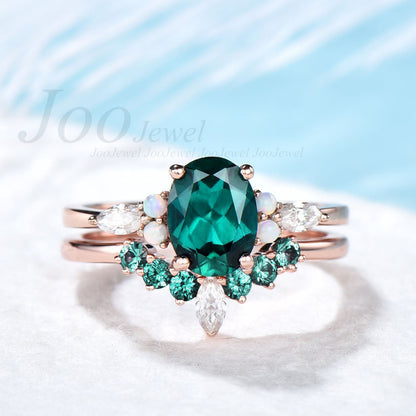 Unique promise ring set Vintage emerald engagement ring set rose gold ring set for women  opal ring gold oval cut bridal ring set jewelry