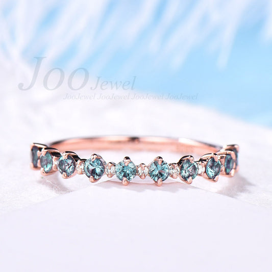Alexandrite wedding band Alexandrite ring for women vintage rose gold silver ring half eternity diamond ring Personalized anniversary ring