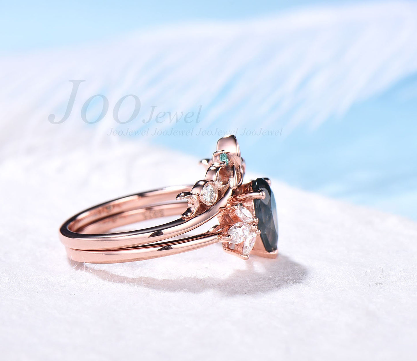 Pear green moss agate engagement ring set vintage art deco rose gold silver ring natural emerald ring women moon ring moissanite ring set