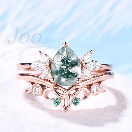 Pear green moss agate engagement ring set vintage art deco rose gold silver ring natural emerald ring women moon ring moissanite ring set