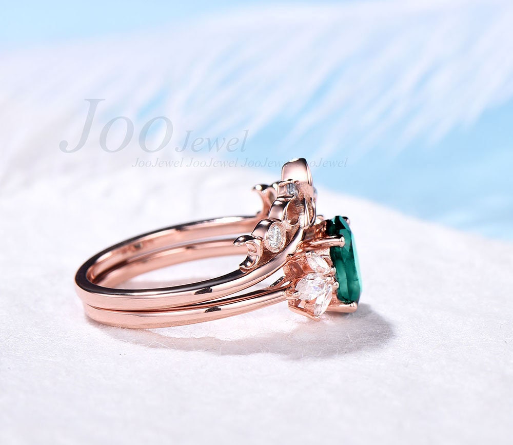 Aquamarine Ring Set Vintage Pear Shaped Aquamarine Engagement Ring Set Unique Halo Rose Gold Engagement Ring Women Moissanite Promise Ring 1pc