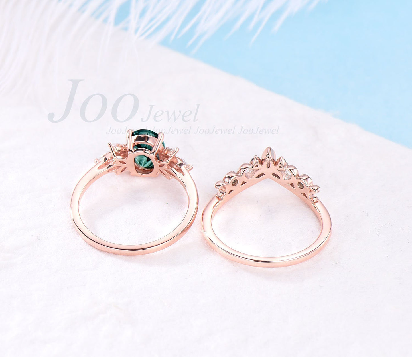 Oval emerald wedding ring set vintage emerald engagement ring set art deco rose gold silver ring Norse viking ring promise ring for women