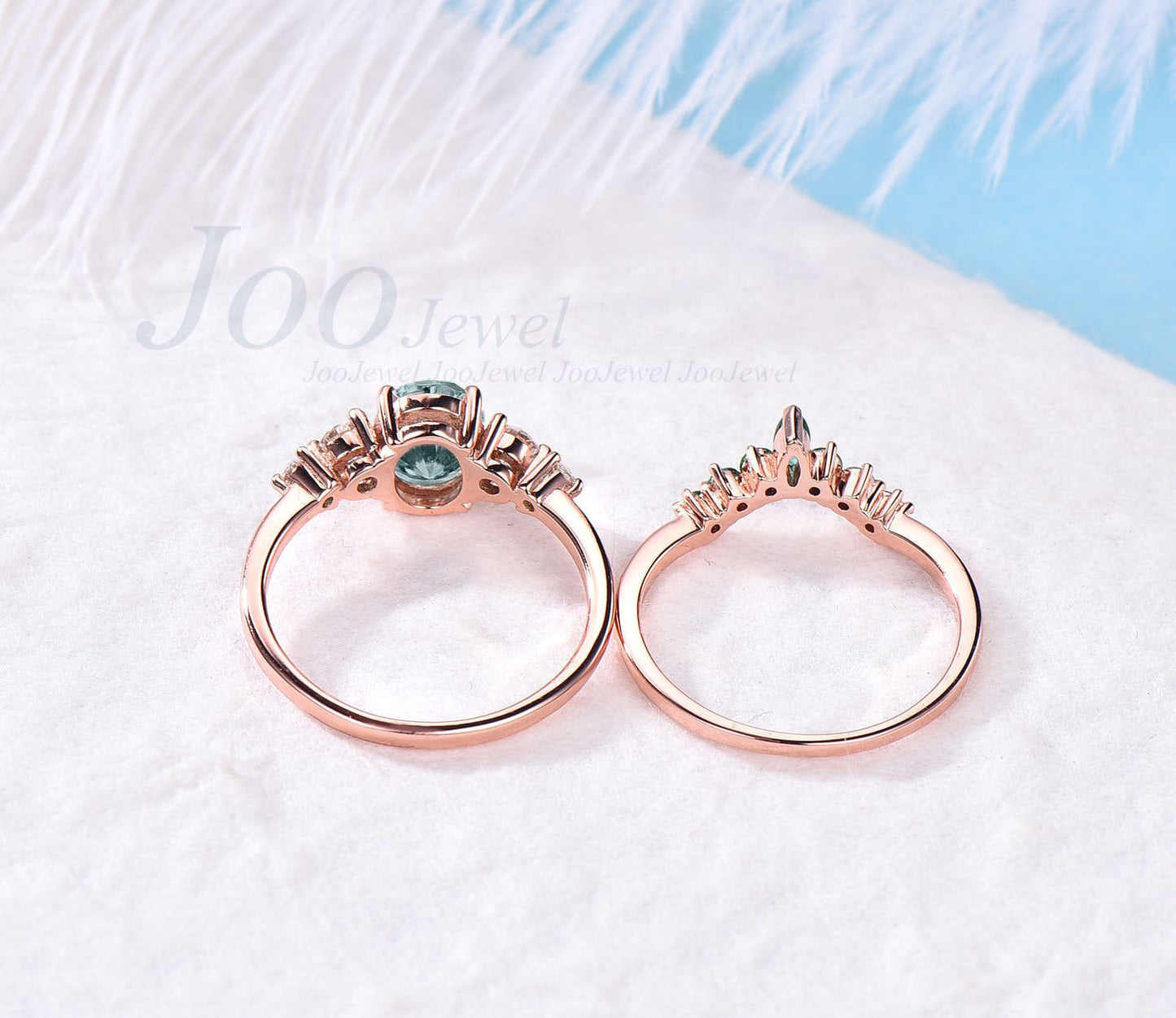 Oval cut moss agate ring set rose gold silver women vintage moss agate engagement ring set five stone moissanite ring marquise emerald ring