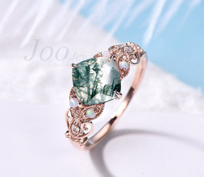Vintage moss agate ring rose gold silver ring cushion cut moss agate engagement ring butterfly flower moissanite ring opal ring for women