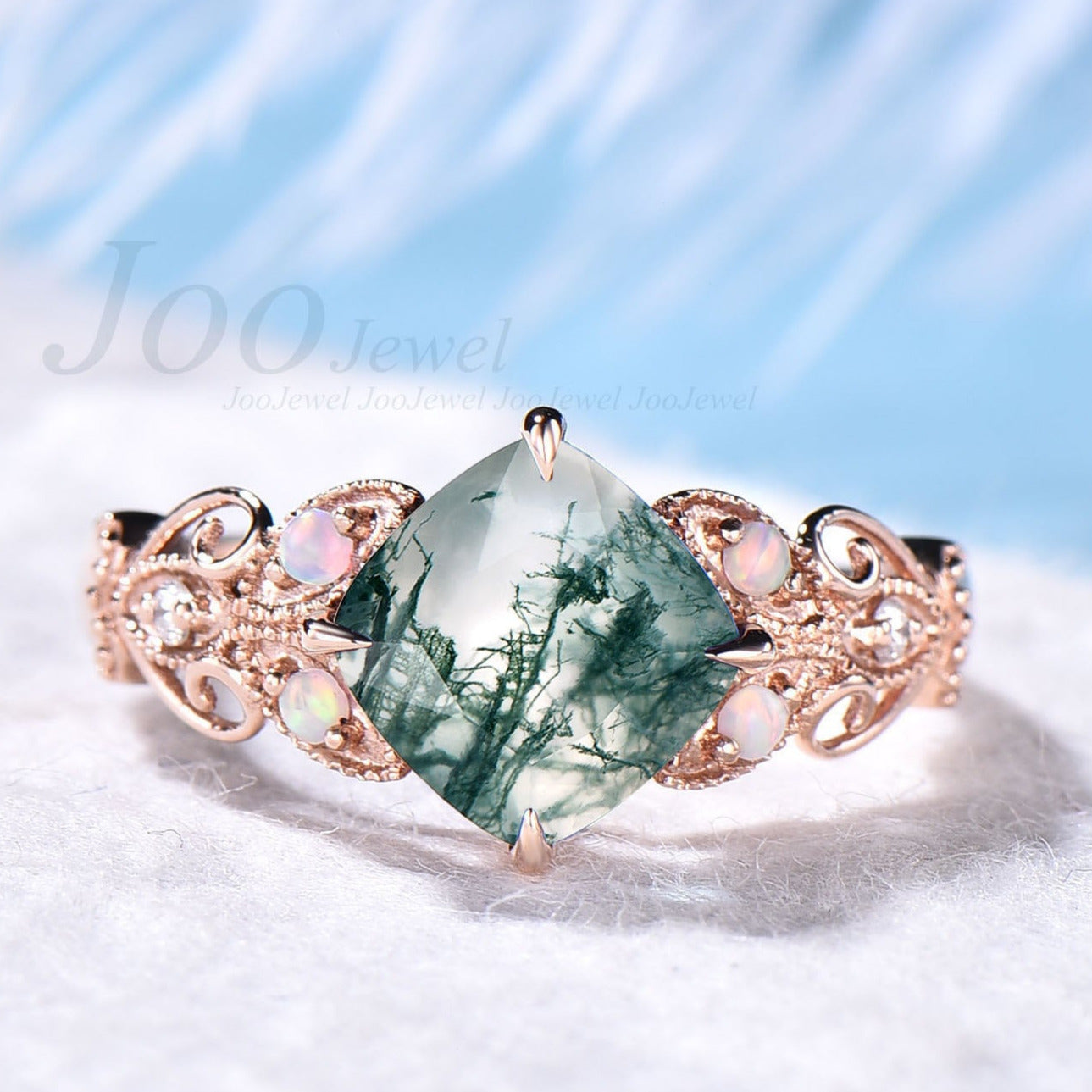 Vintage moss agate ring rose gold silver ring cushion cut moss agate engagement ring butterfly flower moissanite ring opal ring for women