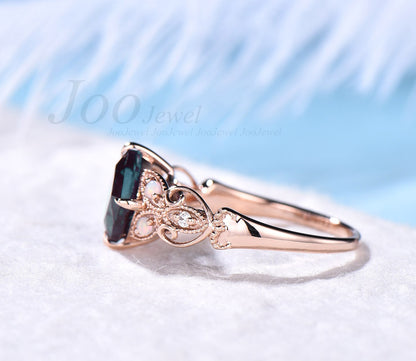 Unique cushion cut Alexandrite engagement ring butterfly Milgrain vintage flower moissanite ring opal ring for women 14k rose gold silver