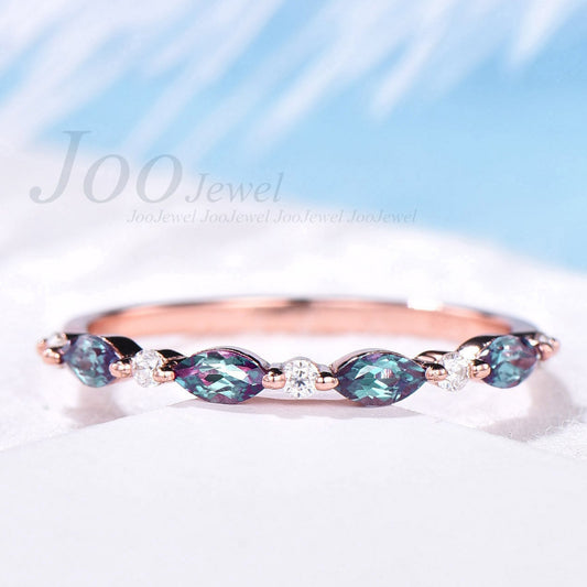 Marquise alexandrite wedding band moissanite wedding ring alexandrite ring vintage rose gold silver ring for women minimalist wedding ring