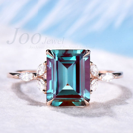 Emerald Cut Alexandrite Ring June Birthstone Alexandrite Engagement Ring 7 Stone Marquise Moissanite Ring Dainty Jewelry Proposal Ring