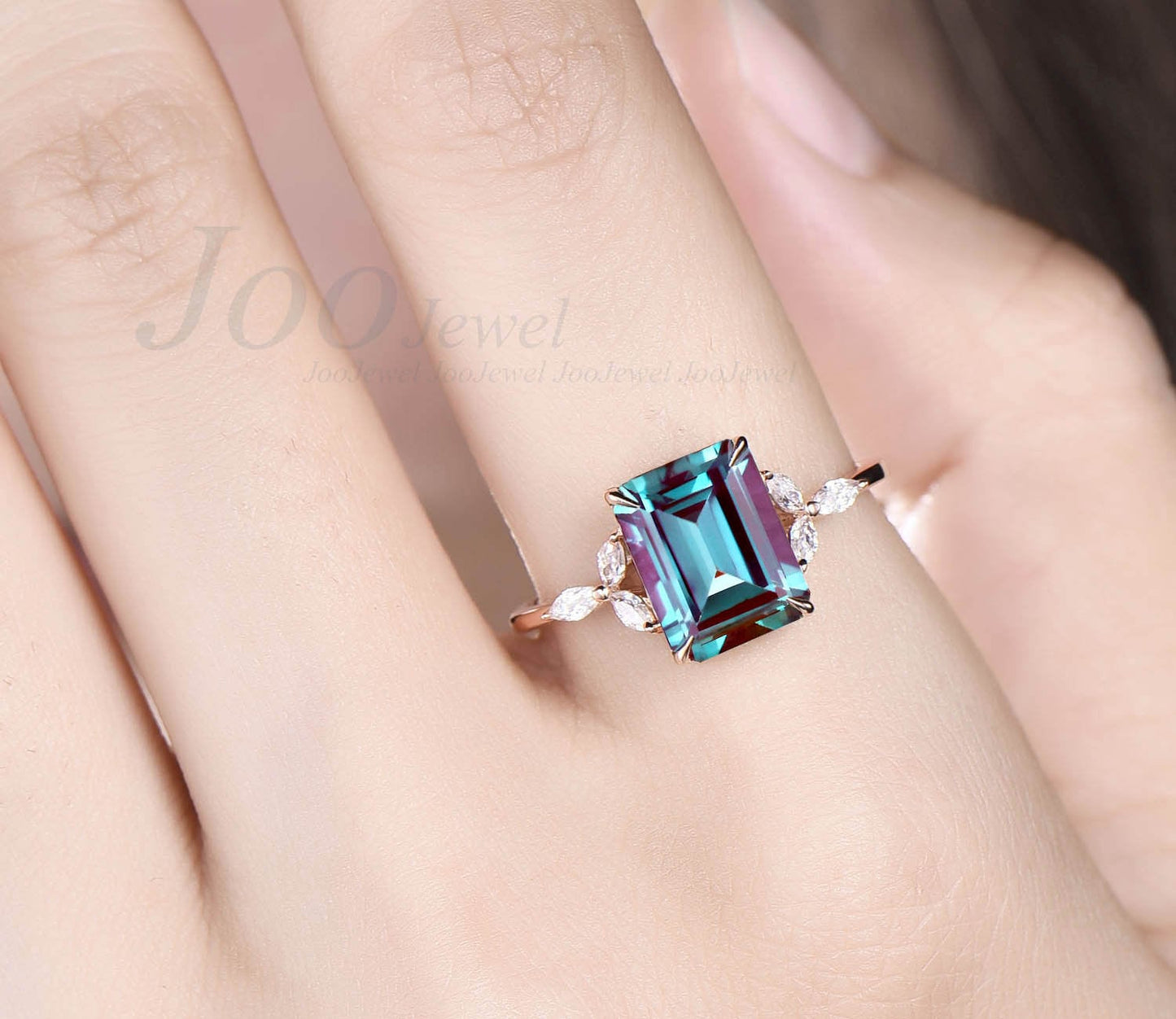 Emerald Cut Alexandrite Ring June Birthstone Alexandrite Engagement Ring 7 Stone Marquise Moissanite Ring Dainty Jewelry Proposal Ring
