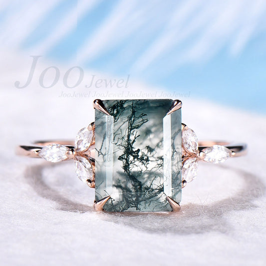 Green moss agate ring unique vintage 7x9mm emerald cut moss agate engagement ring art deco flower marquise moissanite ring rose gold silver