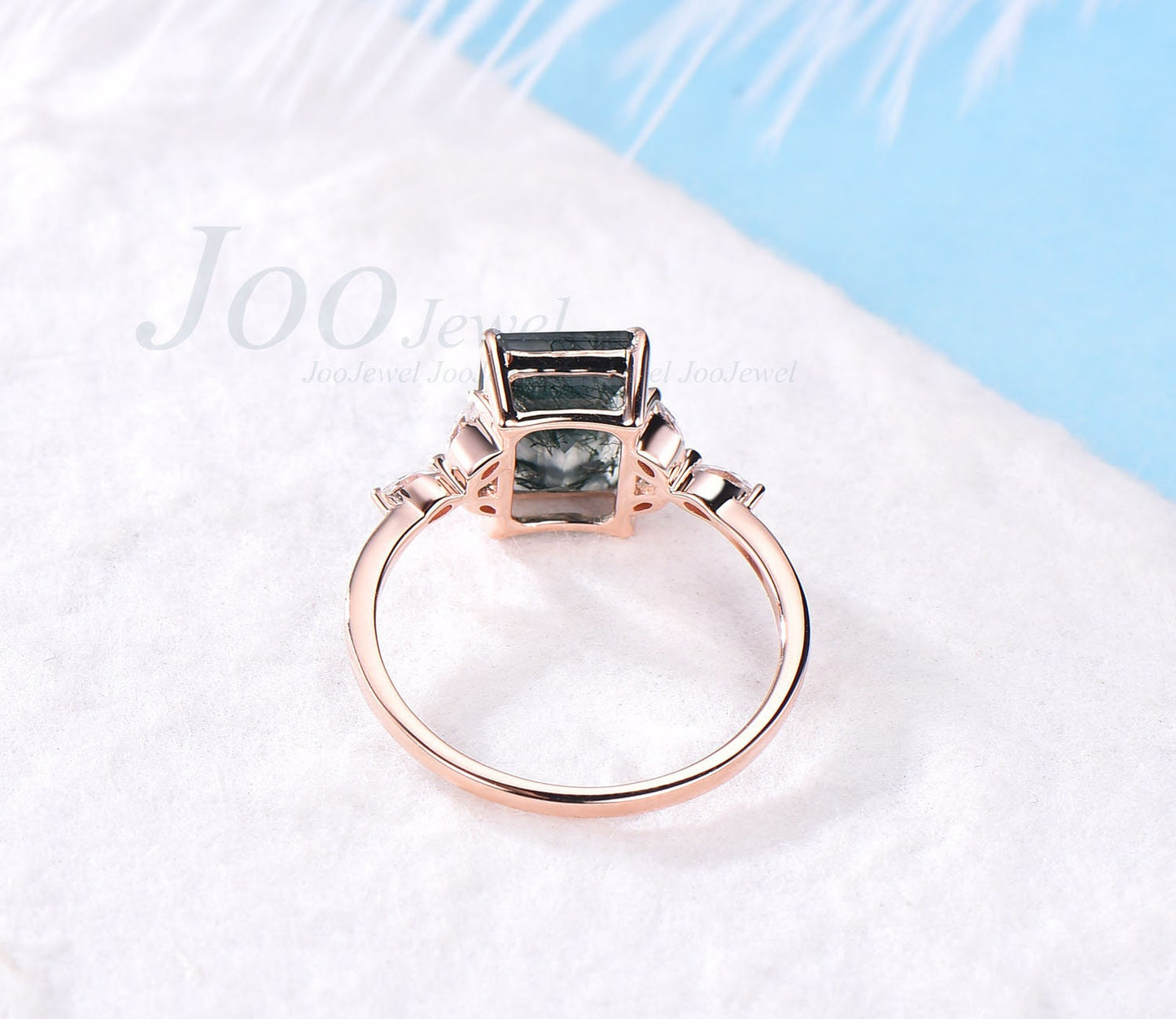 Green moss agate ring unique vintage 7x9mm emerald cut moss agate engagement ring art deco flower marquise moissanite ring rose gold silver