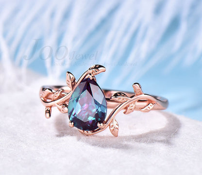 Unique vintage solitaire pear shaped Alexandrite engagement ring leaf flower minimalist ring for women 14k rose gold anniversary ring gifts