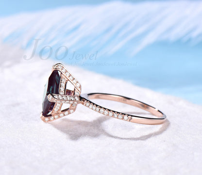 Unique vintage princess cut alexandrite engagement ring rose gold under halo moissanite ring for women personalized dainty wedding ring band