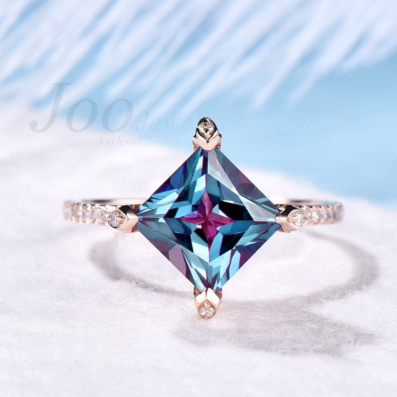 Unique vintage princess cut alexandrite engagement ring rose gold under halo moissanite ring for women personalized dainty wedding ring band