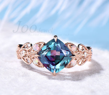 Unique cushion cut Alexandrite engagement ring butterfly Milgrain vintage flower moissanite ring opal ring for women 14k rose gold silver