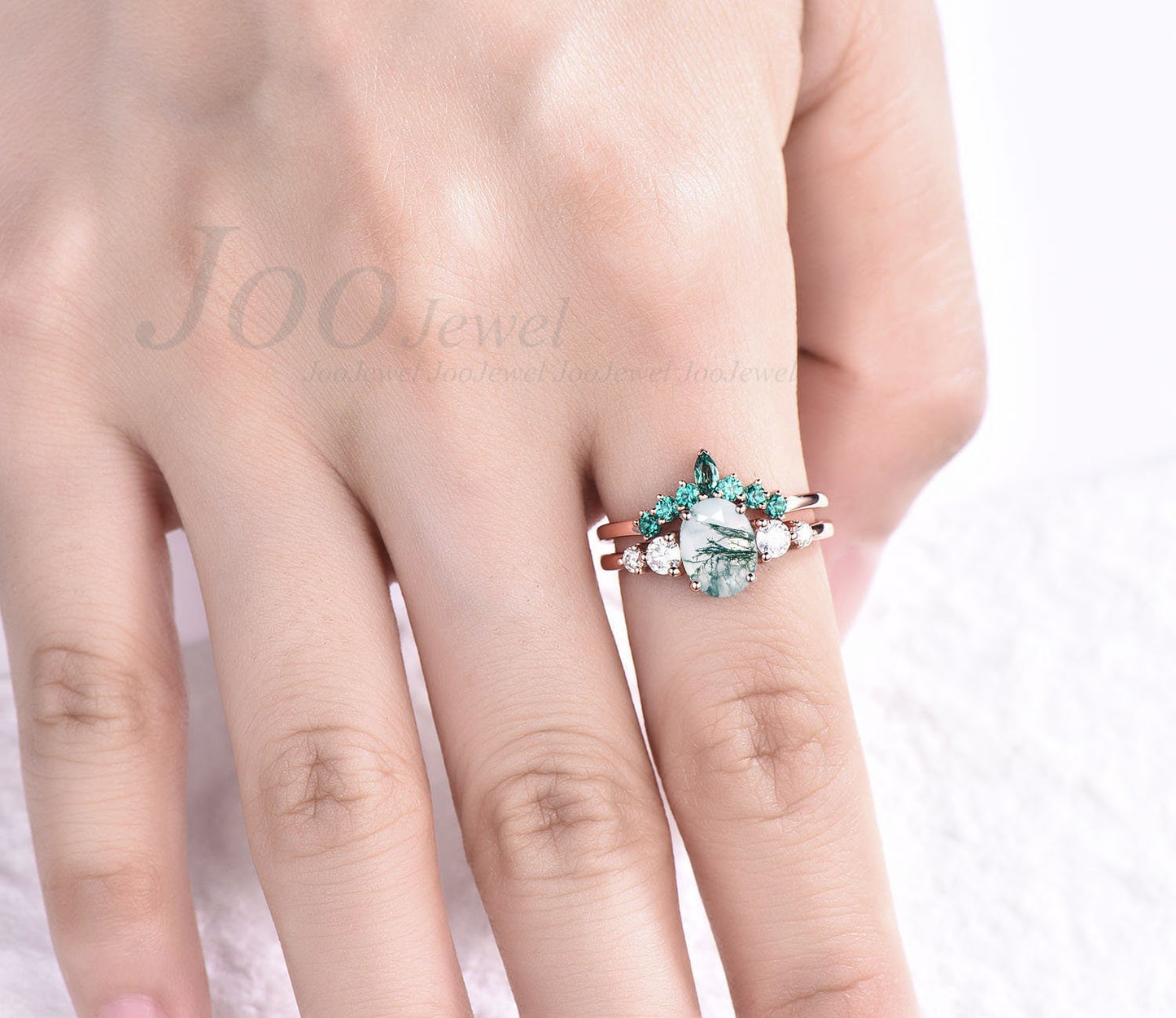 Oval cut moss agate ring set rose gold silver women vintage moss agate engagement ring set five stone moissanite ring marquise emerald ring