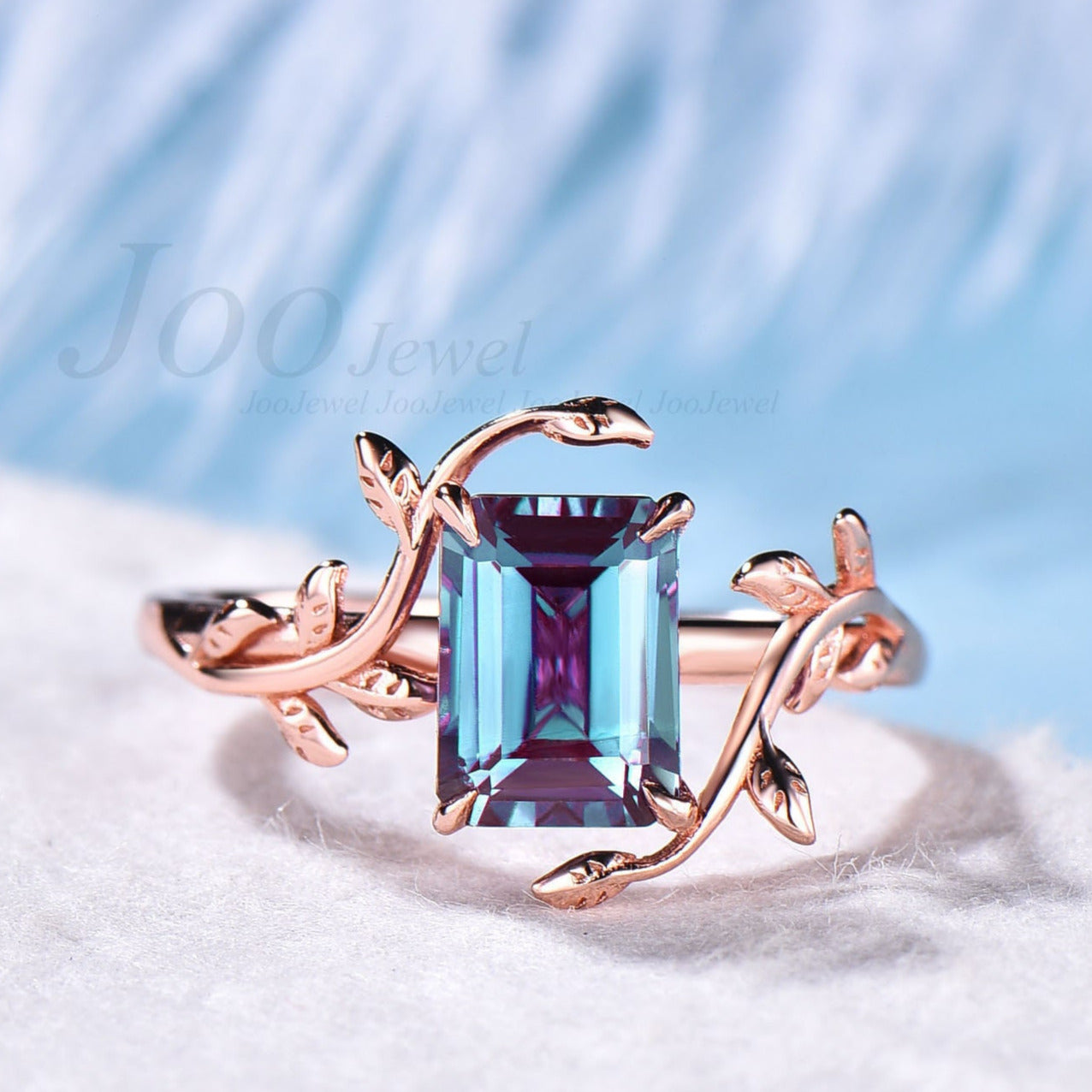 Emerald Cut Alexandrite Bridal Ring Unique Leaf Flower Solitaire Ring For Women Alexandrite Wedding Ring Nature Inspired Engagement Ring