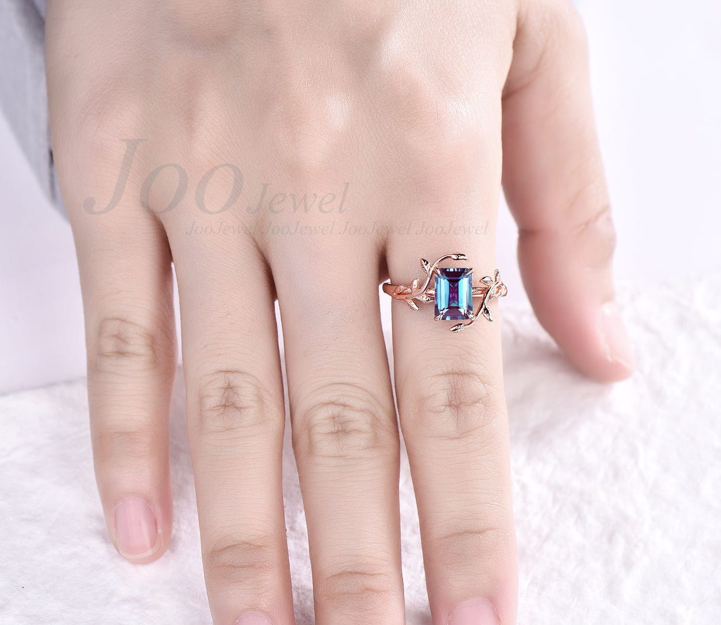 Emerald Cut Alexandrite Bridal Ring Unique Leaf Flower Solitaire Ring For Women Alexandrite Wedding Ring Nature Inspired Engagement Ring