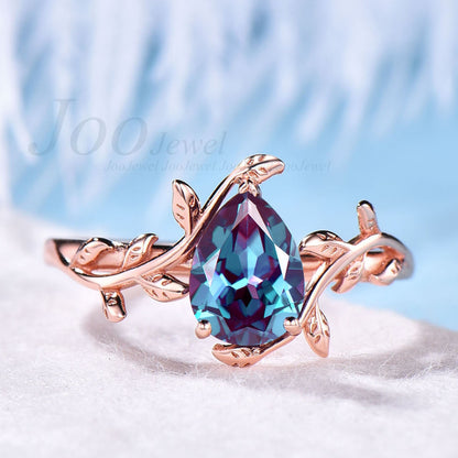 Unique vintage solitaire pear shaped Alexandrite engagement ring leaf flower minimalist ring for women 14k rose gold anniversary ring gifts
