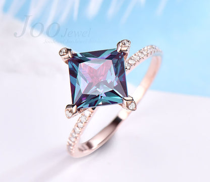 Unique vintage princess cut alexandrite engagement ring rose gold under halo moissanite ring for women personalized dainty wedding ring band