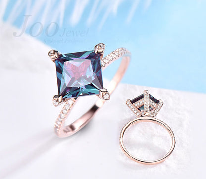 Unique vintage princess cut alexandrite engagement ring rose gold under halo moissanite ring for women personalized dainty wedding ring band