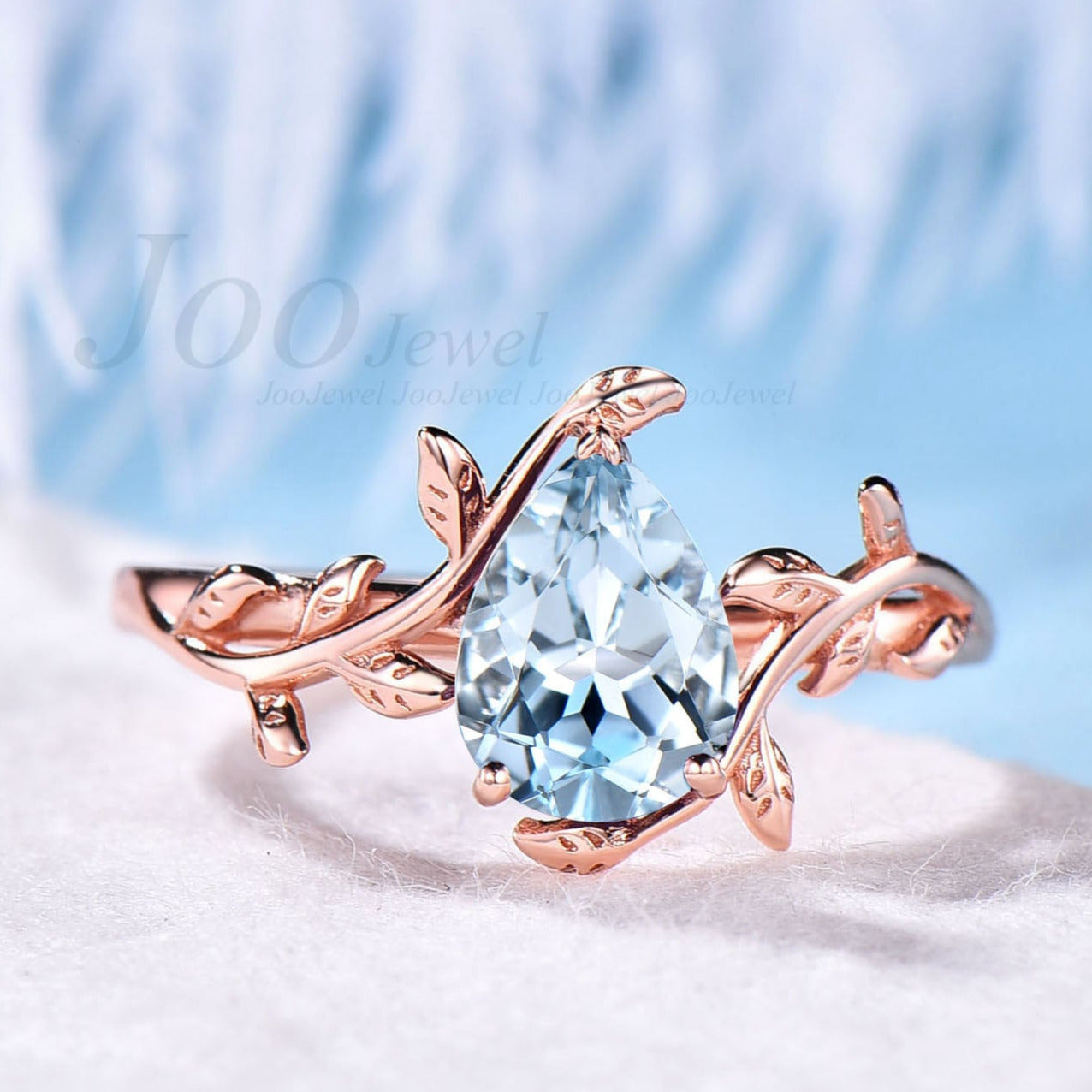 Pear shaped aquamarine engagement ring leaf flower rose gold minimalist unique vintage solitaire engagement ring for women wedding ring band