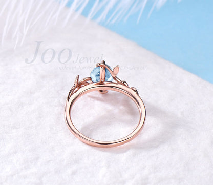 Pear shaped aquamarine engagement ring leaf flower rose gold minimalist unique vintage solitaire engagement ring for women wedding ring band