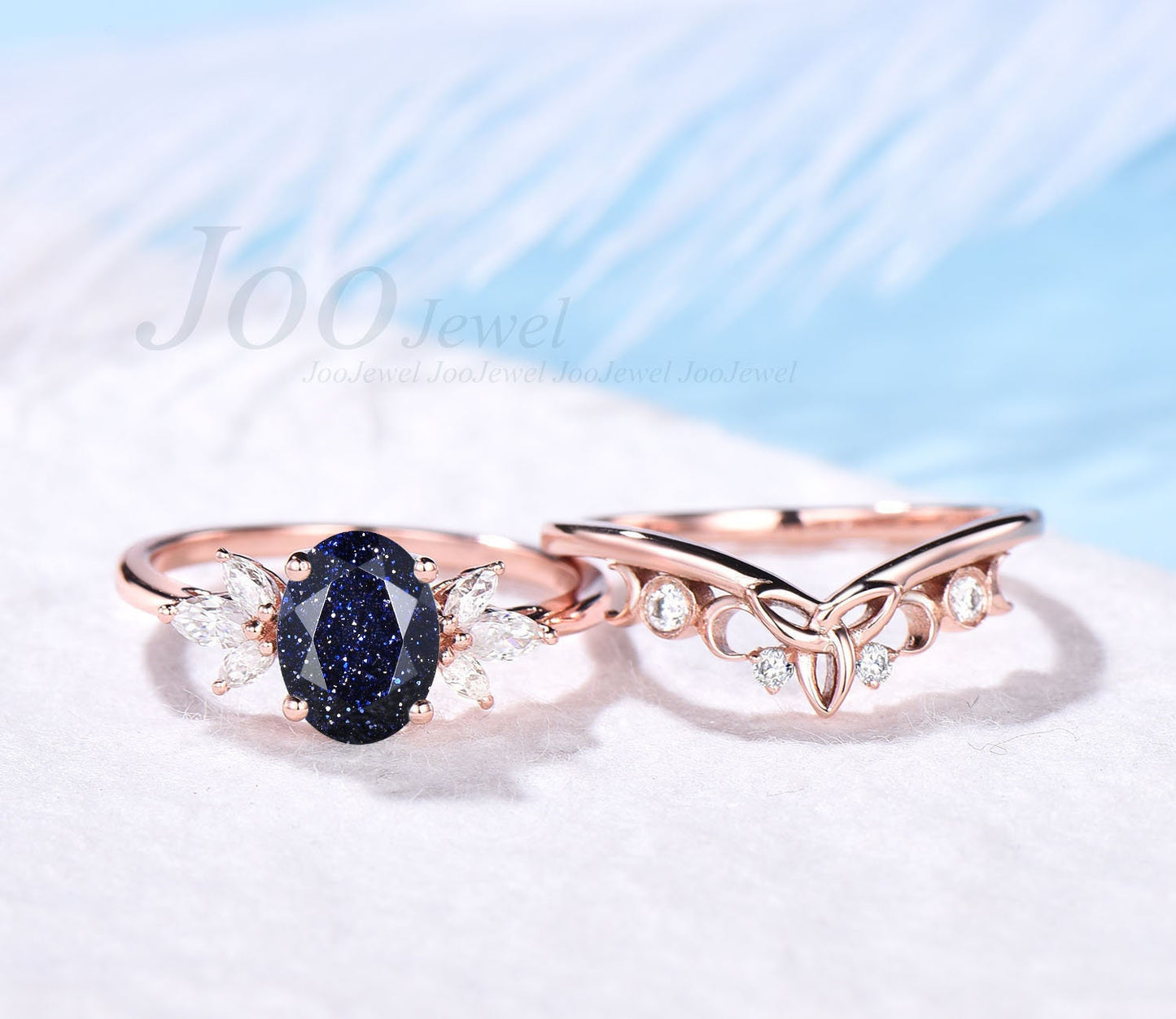 Vintage oval cut blue sandstone engagement ring set rose gold art deco ring marquise cut moissanite ring bridal wedding ring set for women