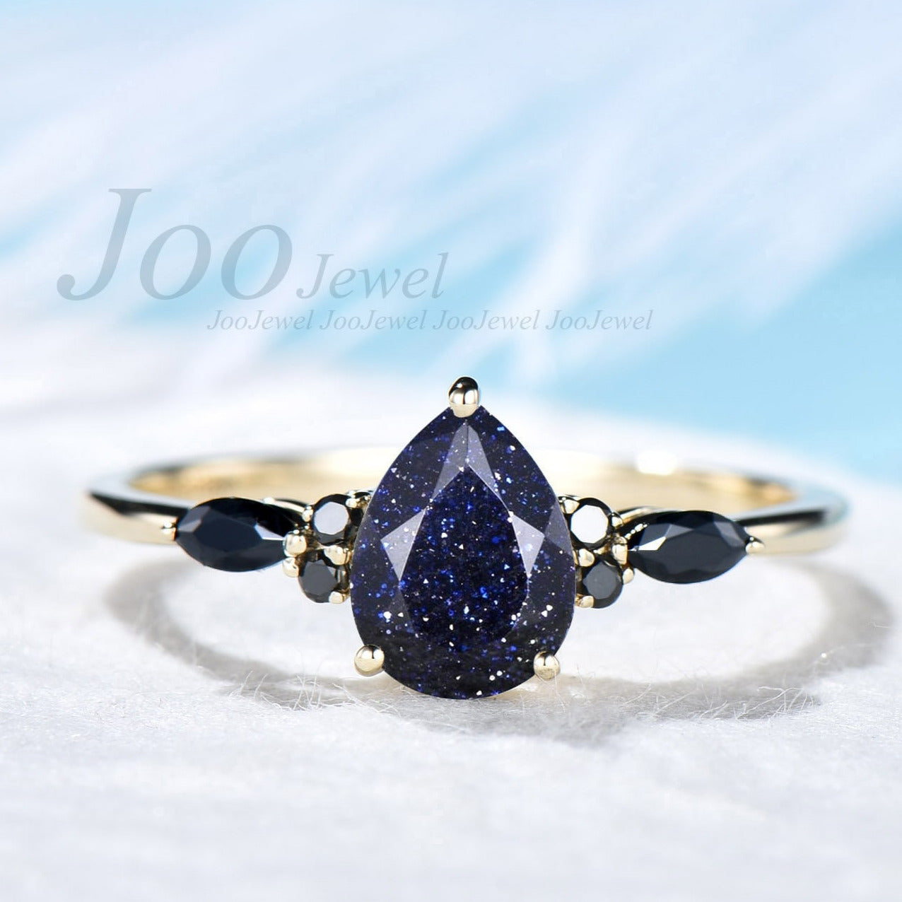 Unique vintage pear shaped blue sandstone engagement ring 14k gold black diamond ring marquise cut black spinel ring for women wedding ring