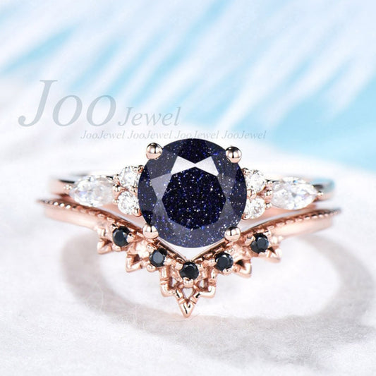 Vintage round cut blue sandstone engagement ring set rose gold silver art deco moissanite blue sandstone ring for women wedding ring set