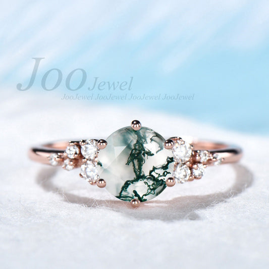 Vintage round cut moss agate engagement ring rose gold minimalist snowdrift unique engagement ring cluster dainty moissanite ring for women