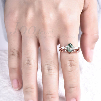 Hexagon Moss Agate Ring Set Green Gemstone Ring 1ct Hexagon Engagement Ring Natural Aquatic Agate Bridal Set Twig Vine Green Wedding Ring