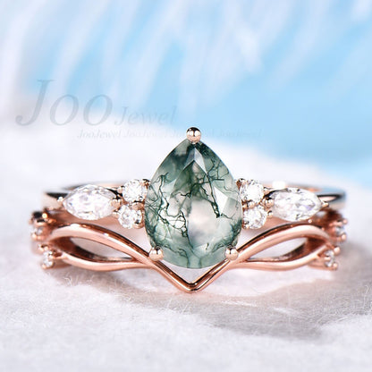 Pear shaped moss agate engagement ring set rose gold marquise cut moissanite ring for women unique vintage engagement ring wedding ring set
