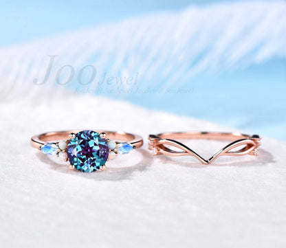 Round Alexandrite engagement ring set rose gold vintage marquise cut moonstone engagement ring opal ring for women unique wedding ring set