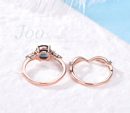 Round Alexandrite engagement ring set rose gold vintage marquise cut moonstone engagement ring opal ring for women unique wedding ring set