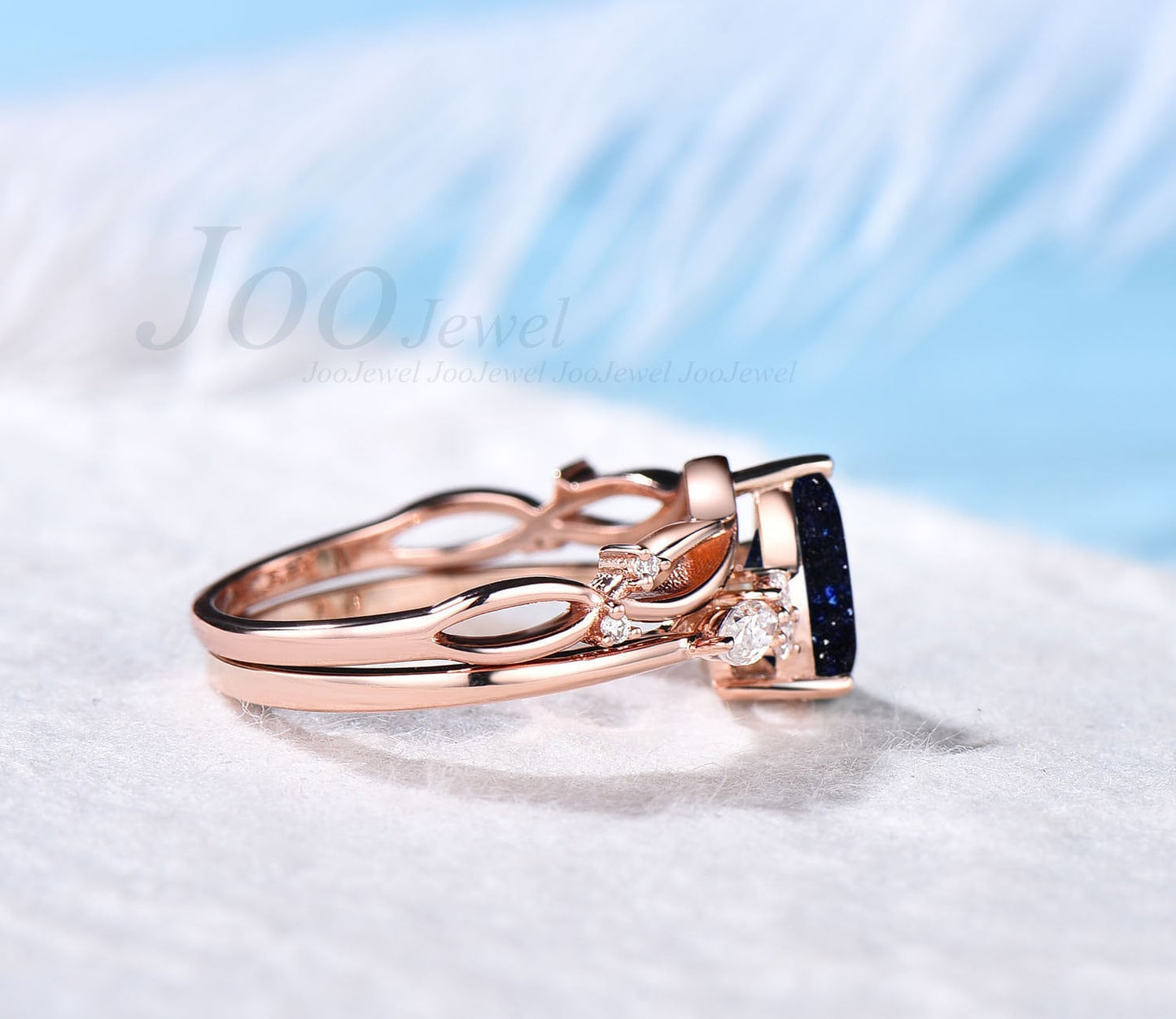 Pear Shaped Blue Goldstone Ring Vintage Blue Sandstone Engagement Ring Set 14k Rose Gold Marquise Cut Moissanite Wedding Ring Set For Women