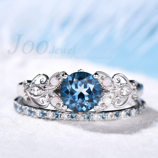 London Blue Topaz Engagement Ring 6.5mm Round Shaped Topaz Butterfly Flower Wedding Ring Set November Birthstone Opal Promise Ring Rose Gold