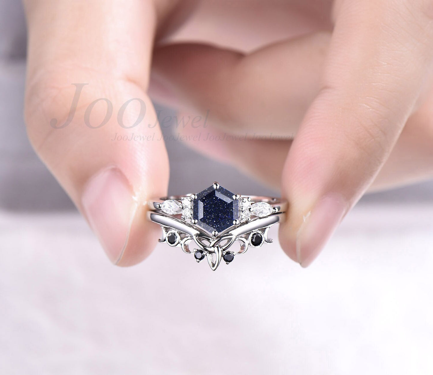 Hexagon Blue Sandstone Engagement Ring Set For Women Vintage Black Diamond  Promise Ring Art Deco Rose Gold Silver Moissanites Wedding Ring