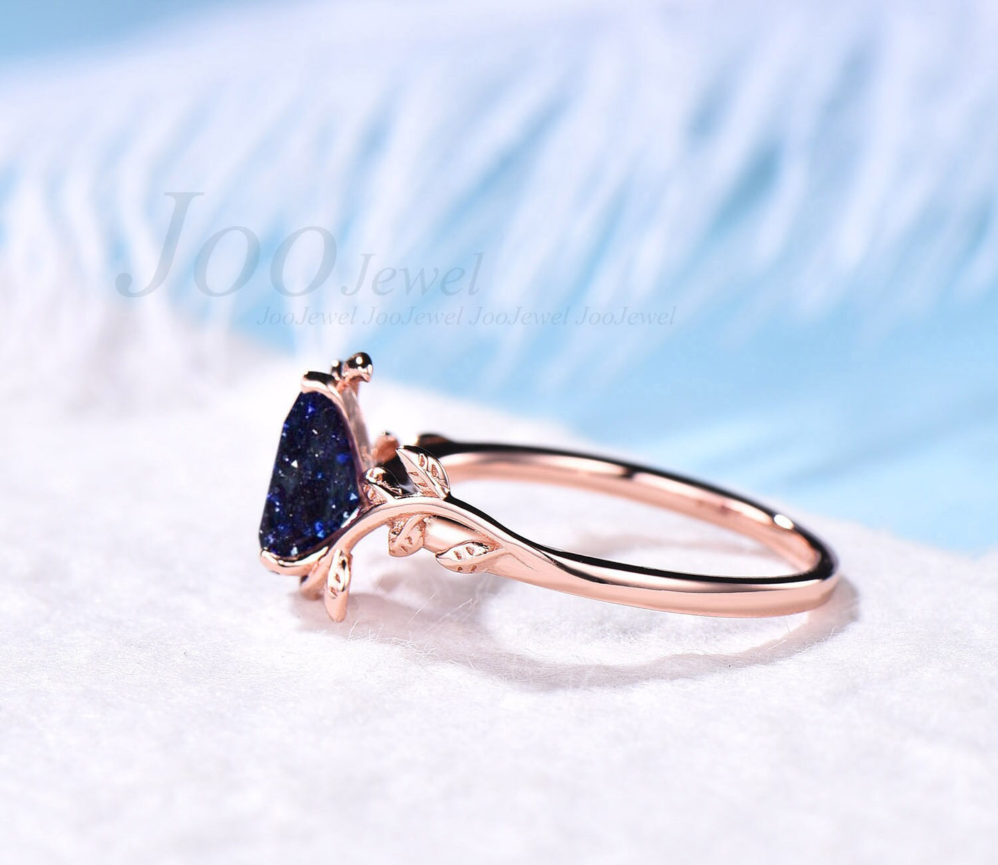 Sterling Silver Blue Sandstone Engagement Ring Leaf Ring Art Deco Unique Solitaire Ring Pear Shaped Blue Sandstone Wedding Gift For Women