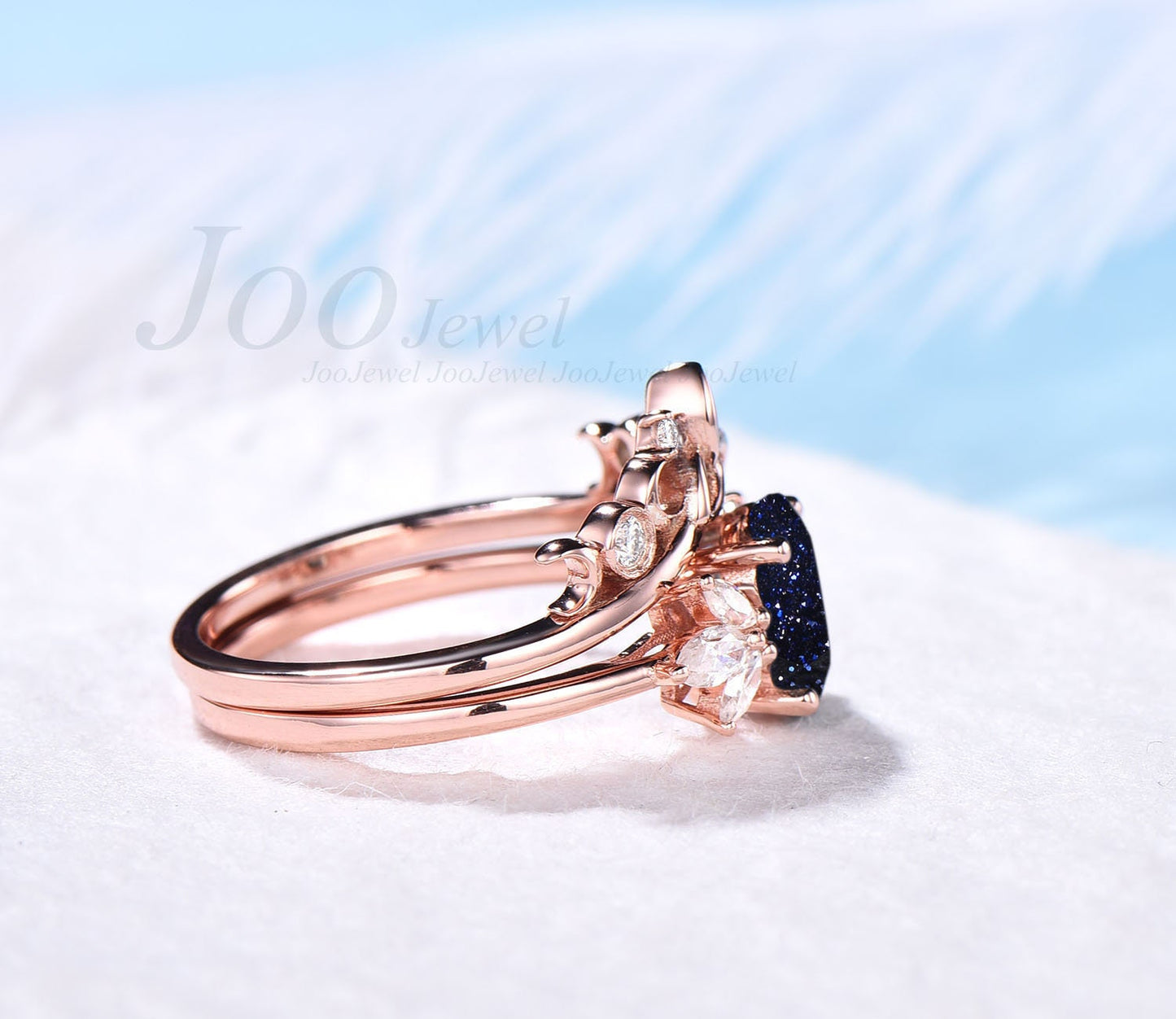 Vintage oval cut blue sandstone engagement ring set rose gold art deco ring marquise cut moissanite ring bridal wedding ring set for women