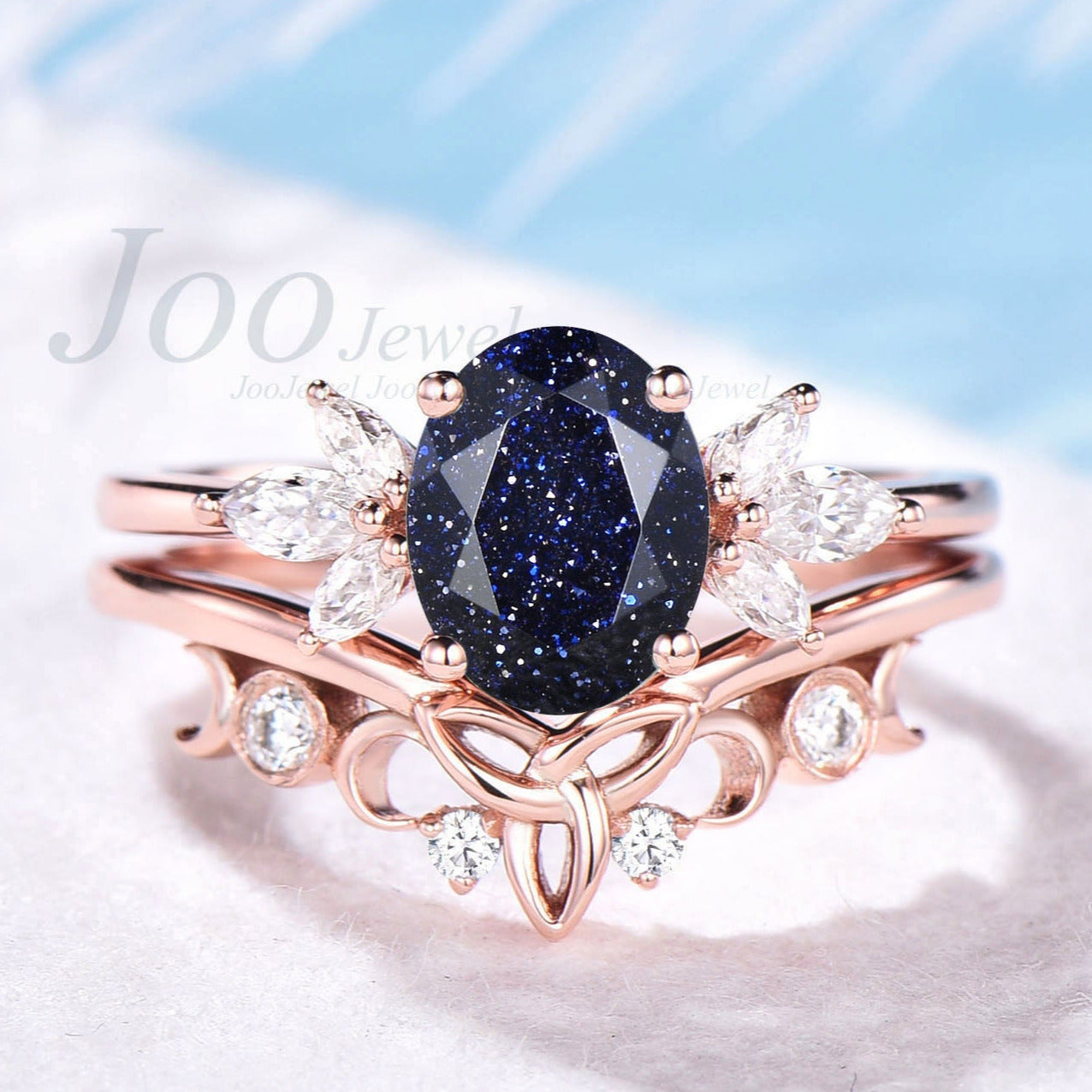 Vintage oval cut blue sandstone engagement ring set rose gold art deco ring marquise cut moissanite ring bridal wedding ring set for women