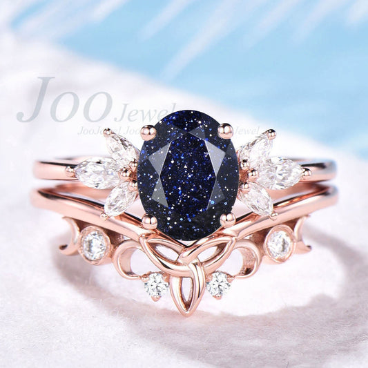 Vintage oval cut blue sandstone engagement ring set rose gold art deco ring marquise cut moissanite ring bridal wedding ring set for women