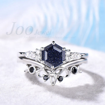 Hexagon Blue Sandstone Engagement Ring Set For Women Vintage Black Diamond  Promise Ring Art Deco Rose Gold Silver Moissanites Wedding Ring