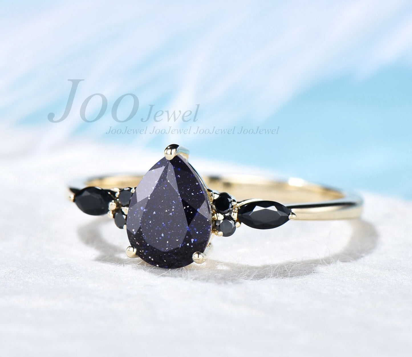 Unique vintage pear shaped blue sandstone engagement ring 14k gold black diamond ring marquise cut black spinel ring for women wedding ring