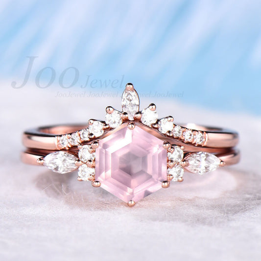 Vintage Hexagon Rose Quartz Ring Set Sterling Silver Pink Crystal Engagement Rings Pink Gemstone Wedding Ring Set Birthday Gift For Women