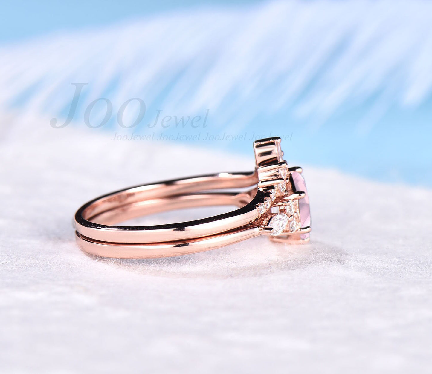 Vintage Hexagon Rose Quartz Ring Set Sterling Silver Pink Crystal Engagement Rings Pink Gemstone Wedding Ring Set Birthday Gift For Women