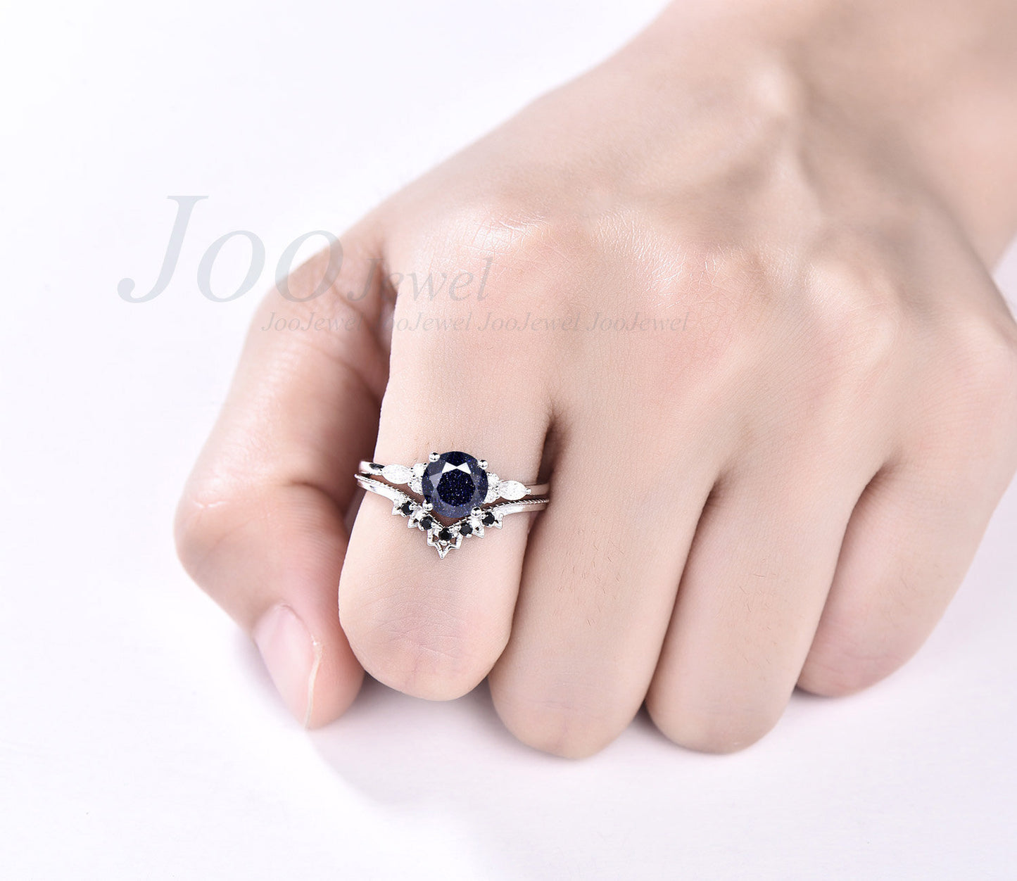 Vintage round cut blue sandstone engagement ring set rose gold silver art deco moissanite blue sandstone ring for women wedding ring set