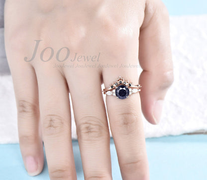 Vintage round cut blue sandstone engagement ring set rose gold silver art deco moissanite blue sandstone ring for women wedding ring set